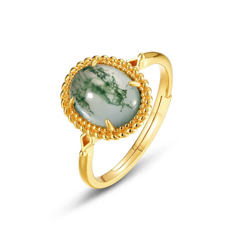 Green Moss Agate 10K Yellow Gold Rings
