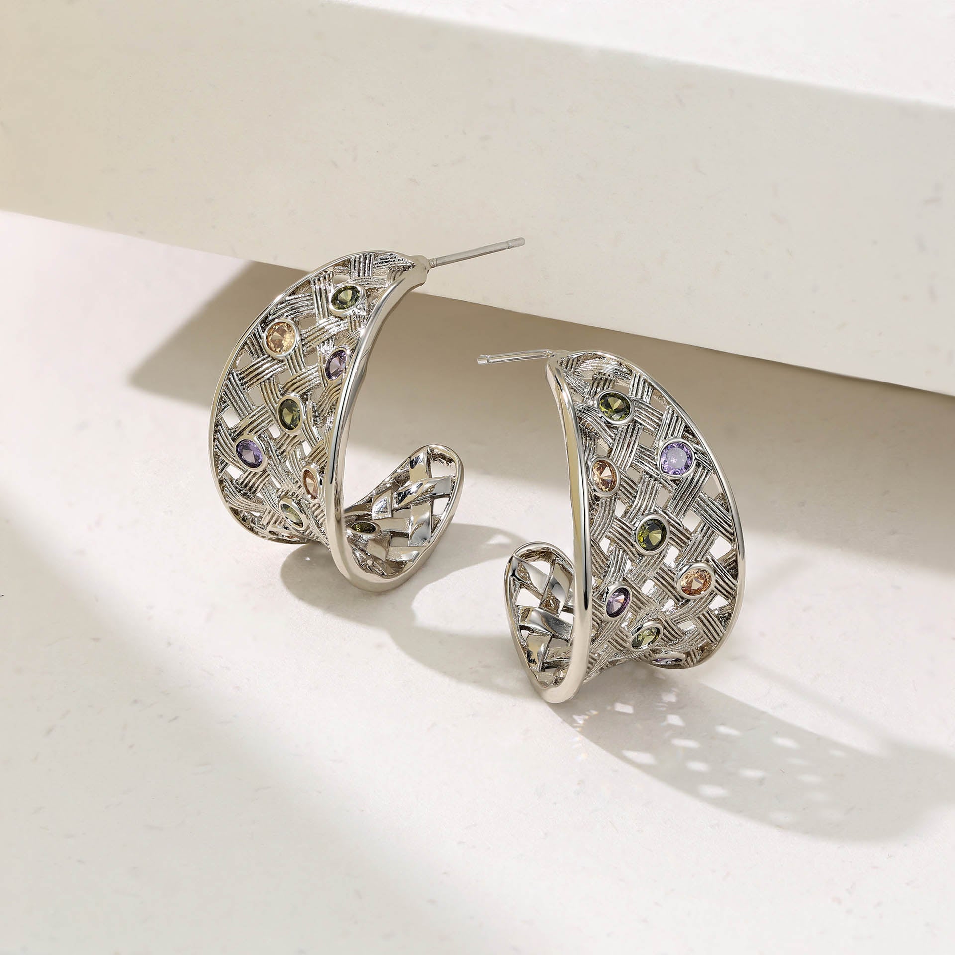 Colored Zircon C-shaped Earrings